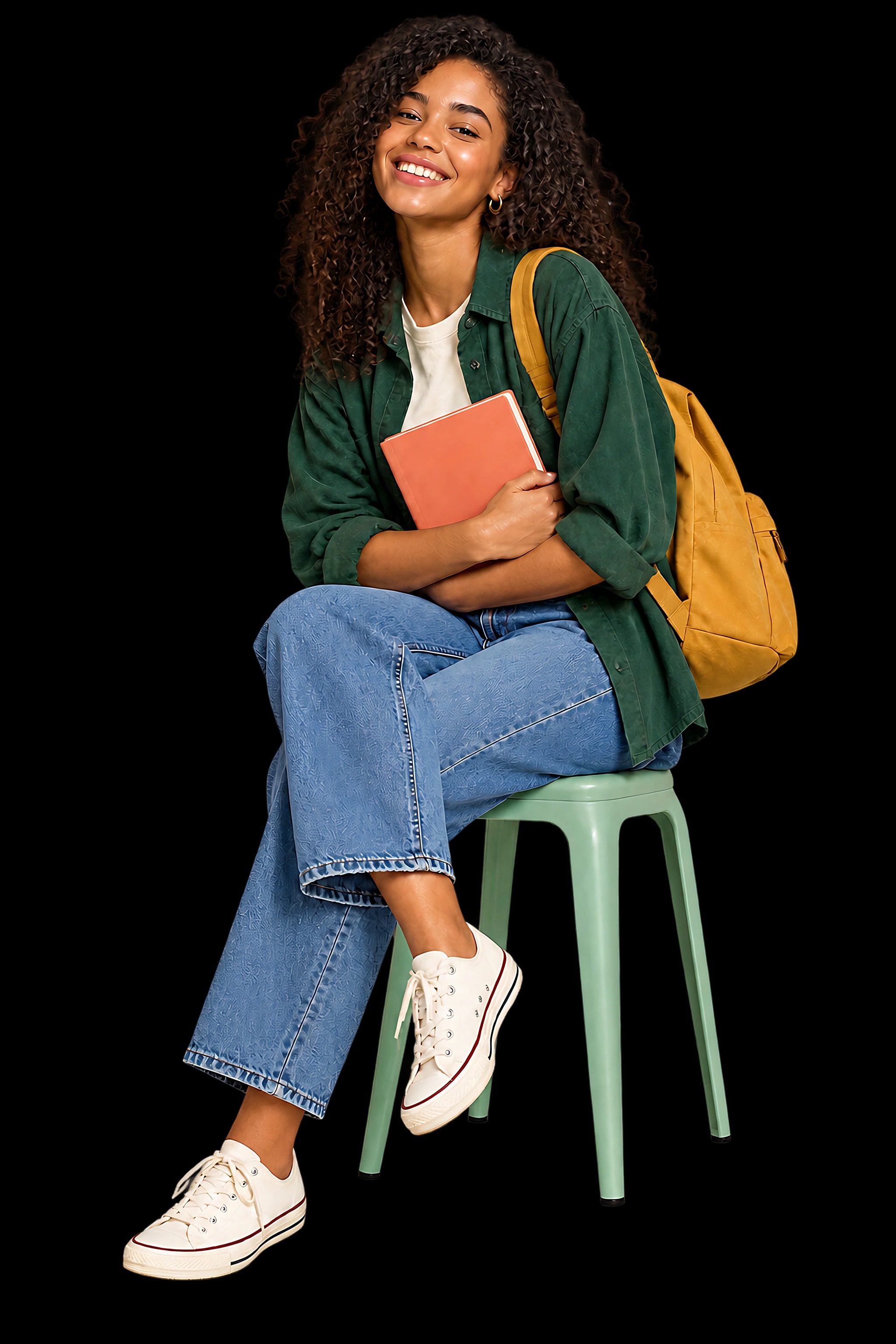 Estudante sorrindo, sentada com um caderno e a mochila (imagem ilustrativa).